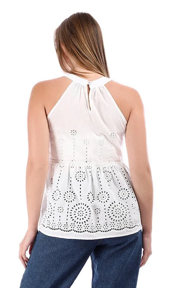 94849 Peplum Perforated White Sleeveless Blouse