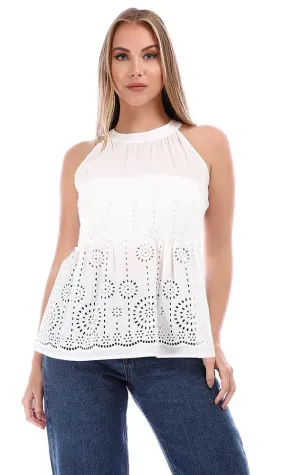 94849 Peplum Perforated White Sleeveless Blouse