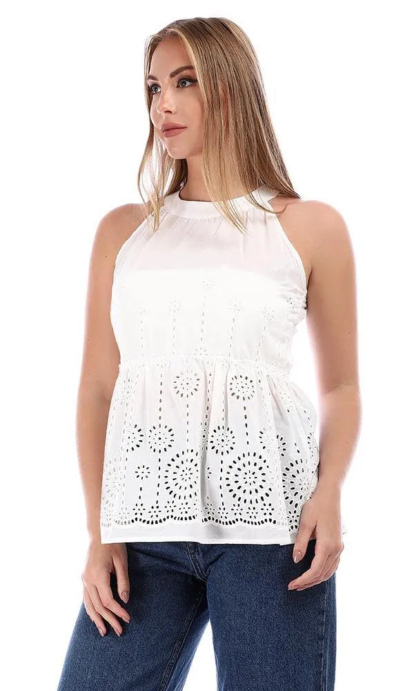 94849 Peplum Perforated White Sleeveless Blouse