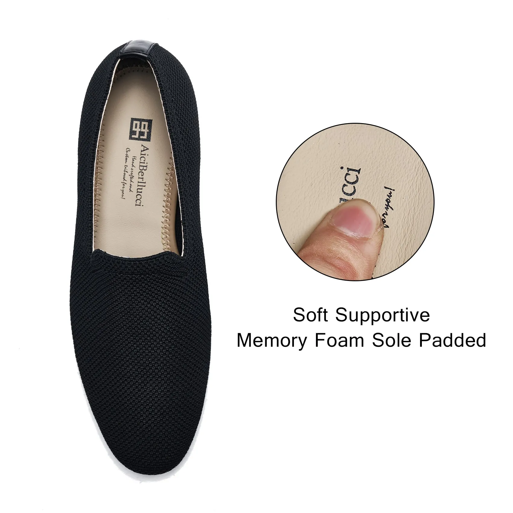 AiciBerllucci - AINA-Black Knit &Calfskin Leather Upper&Cow Leather Lining-Aina- Women Knit Flat Shoes,Comfort Loafers Penny Moccasins-Slip-on Shoes- Knit Driving Loafers -Round Toe Walking Fashion
