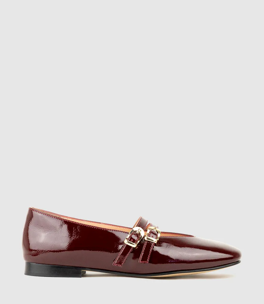 FILLY Double Buckle Ballet in Black Cherry Crinkle Pat