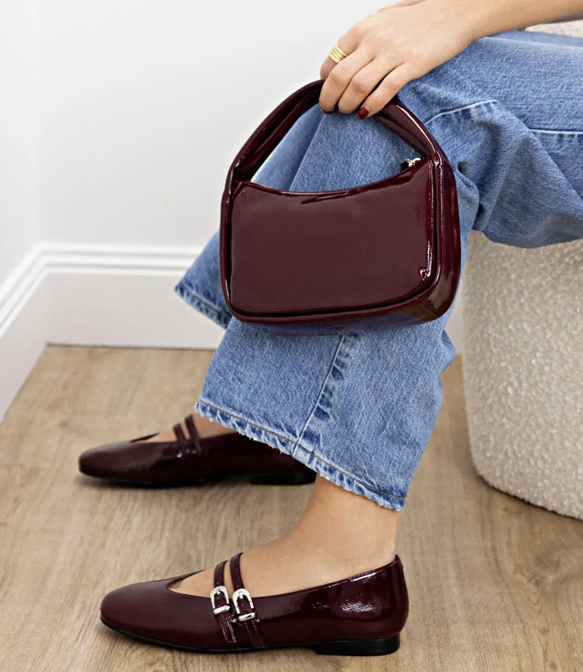 FILLY Double Buckle Ballet in Black Cherry Crinkle Pat