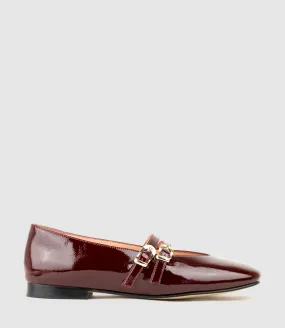FILLY Double Buckle Ballet in Black Cherry Crinkle Pat