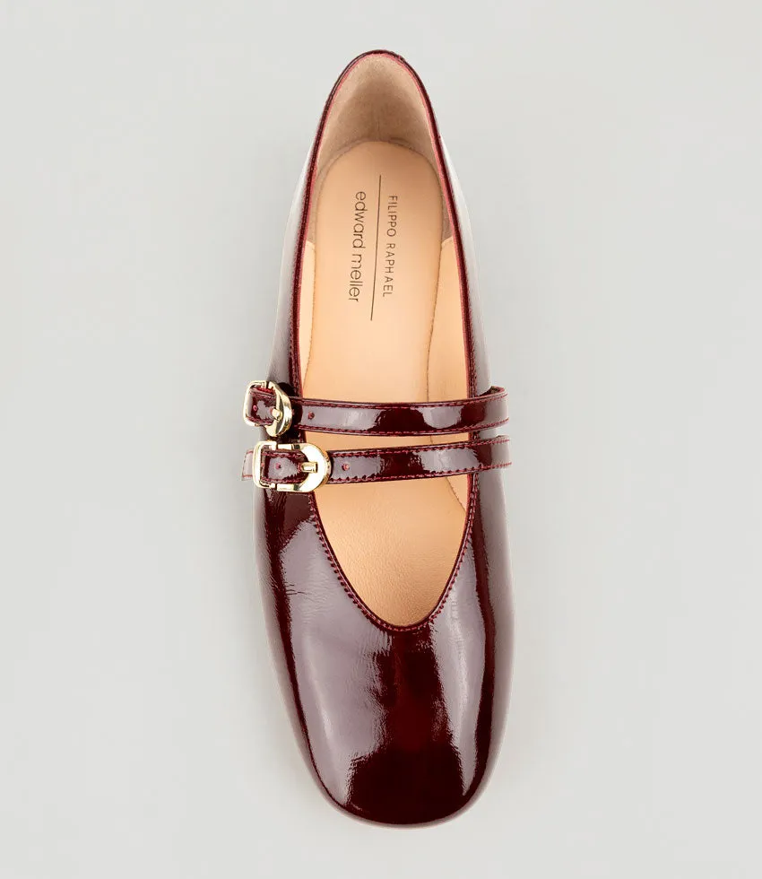 FILLY Double Buckle Ballet in Black Cherry Crinkle Pat