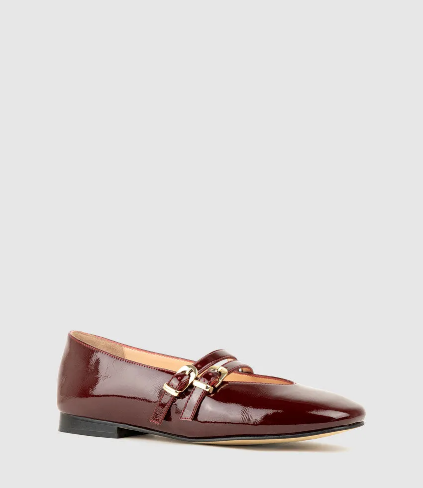 FILLY Double Buckle Ballet in Black Cherry Crinkle Pat