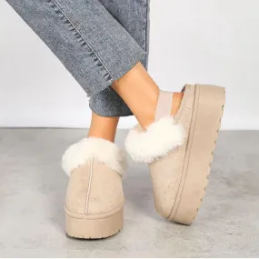 House Of Sehrish 24890 Womens Beige Faux Fur Lined Mules Comfy Platform Slippers