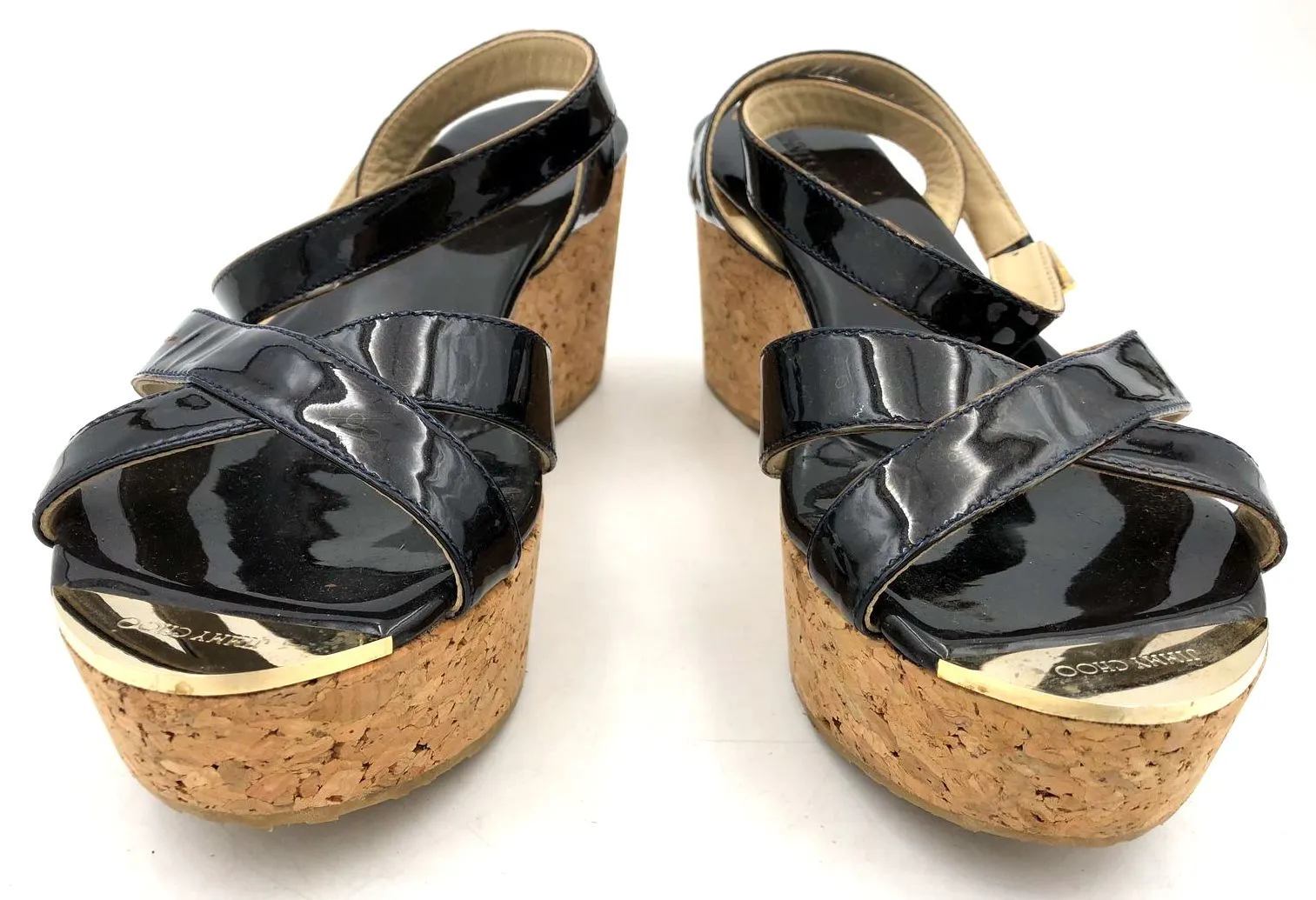 Jimmy Choo Women's Dark Brown Patent Leather Strap Wedge Sandals - Sz 40 ( COA)