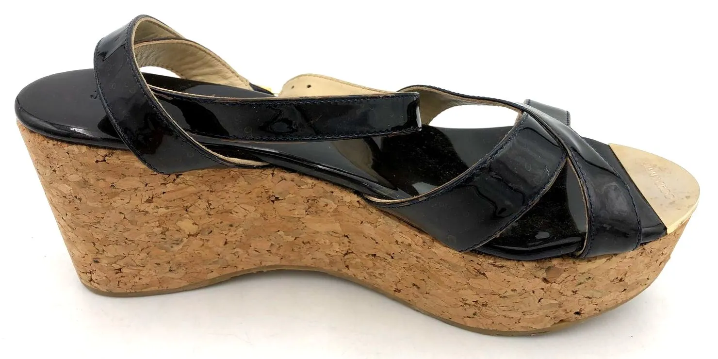 Jimmy Choo Women's Dark Brown Patent Leather Strap Wedge Sandals - Sz 40 ( COA)