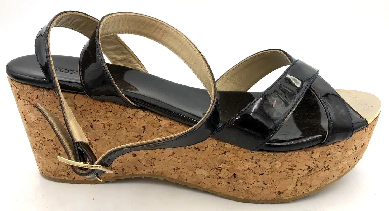Jimmy Choo Women's Dark Brown Patent Leather Strap Wedge Sandals - Sz 40 ( COA)