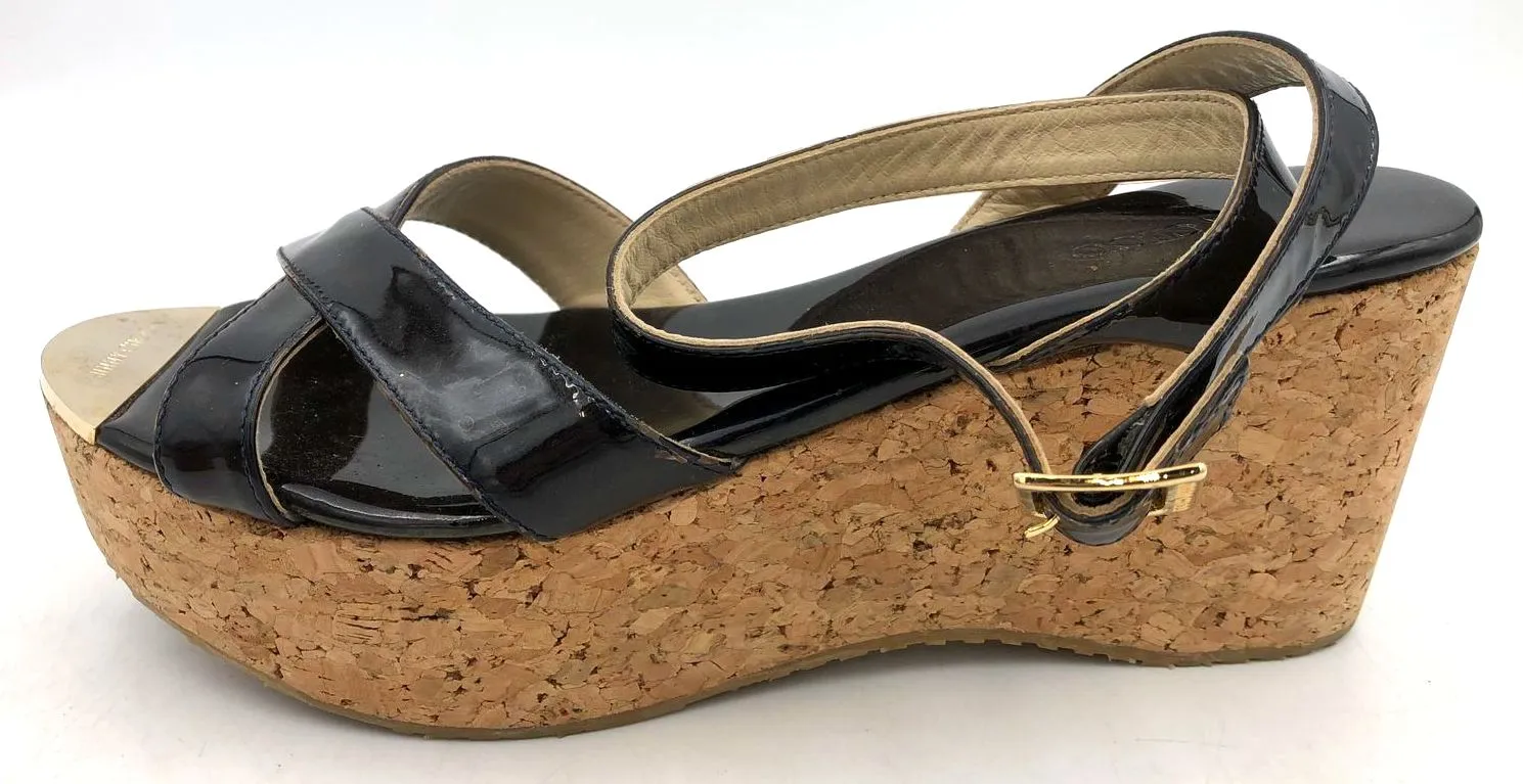 Jimmy Choo Women's Dark Brown Patent Leather Strap Wedge Sandals - Sz 40 ( COA)
