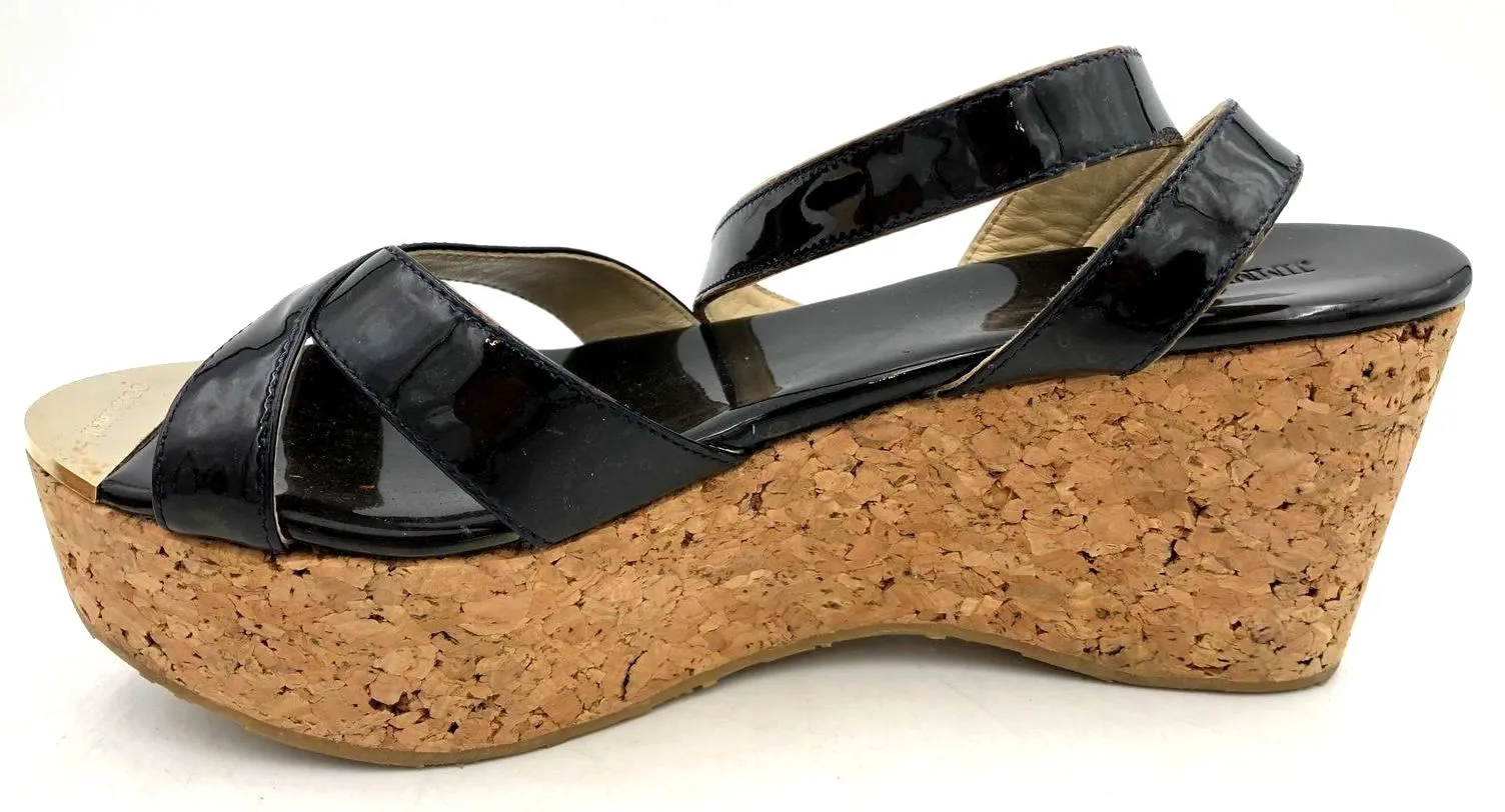 Jimmy Choo Women's Dark Brown Patent Leather Strap Wedge Sandals - Sz 40 ( COA)