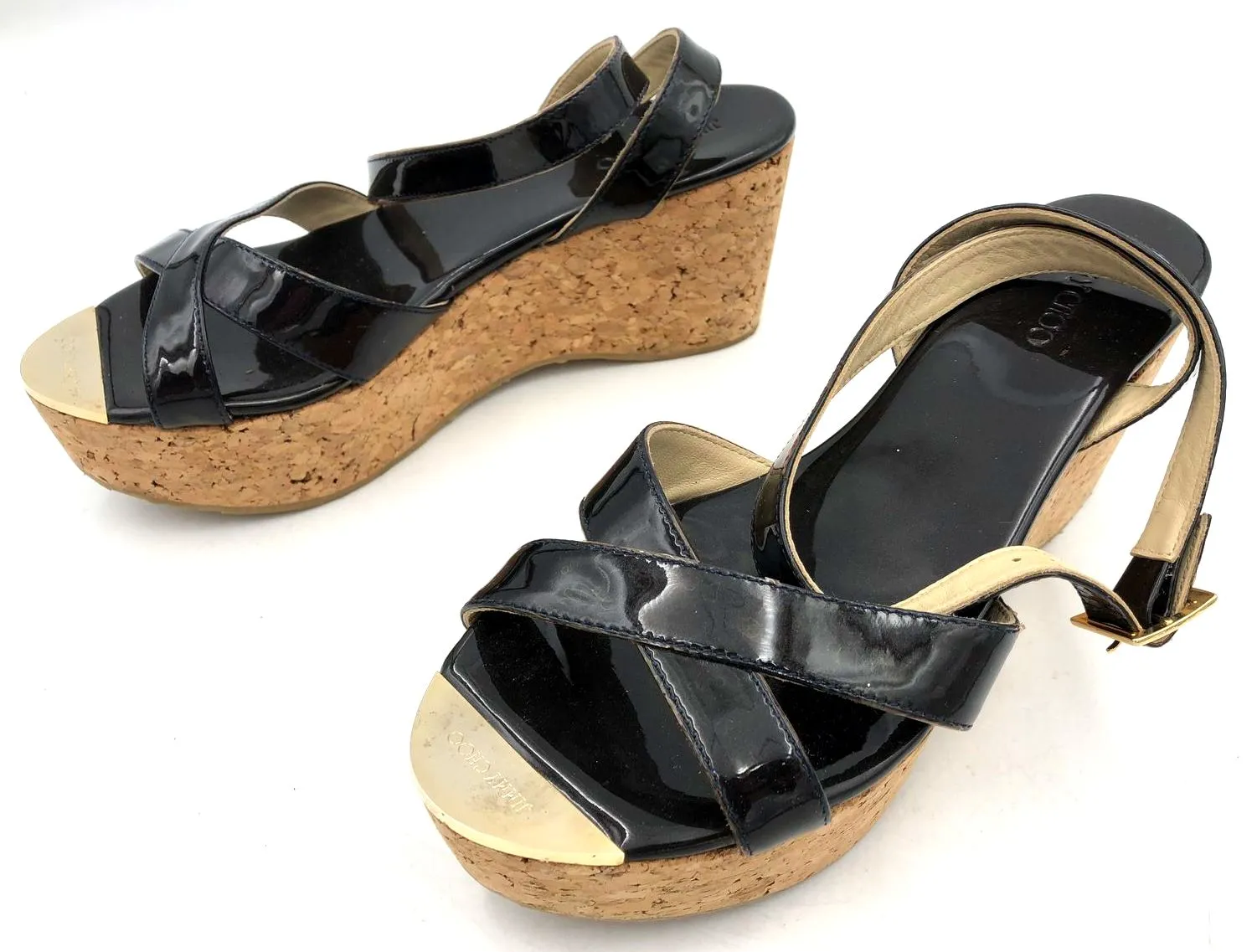 Jimmy Choo Women's Dark Brown Patent Leather Strap Wedge Sandals - Sz 40 ( COA)