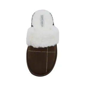 Laura Ashley Ladies Micro Suede Scuff Slipper with Plush Collar, Brown, S