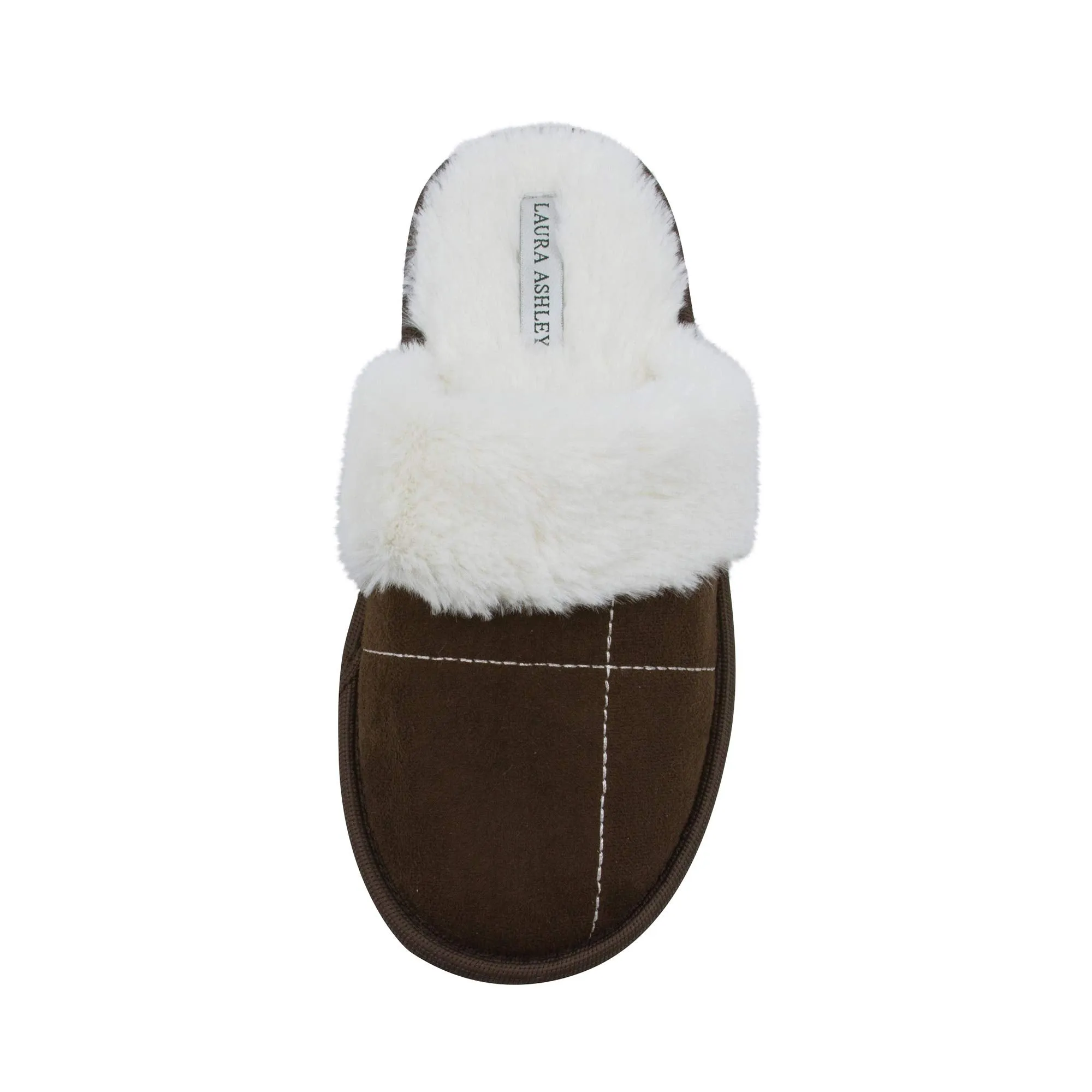Laura Ashley Ladies Micro Suede Scuff Slipper with Plush Collar, Brown, S