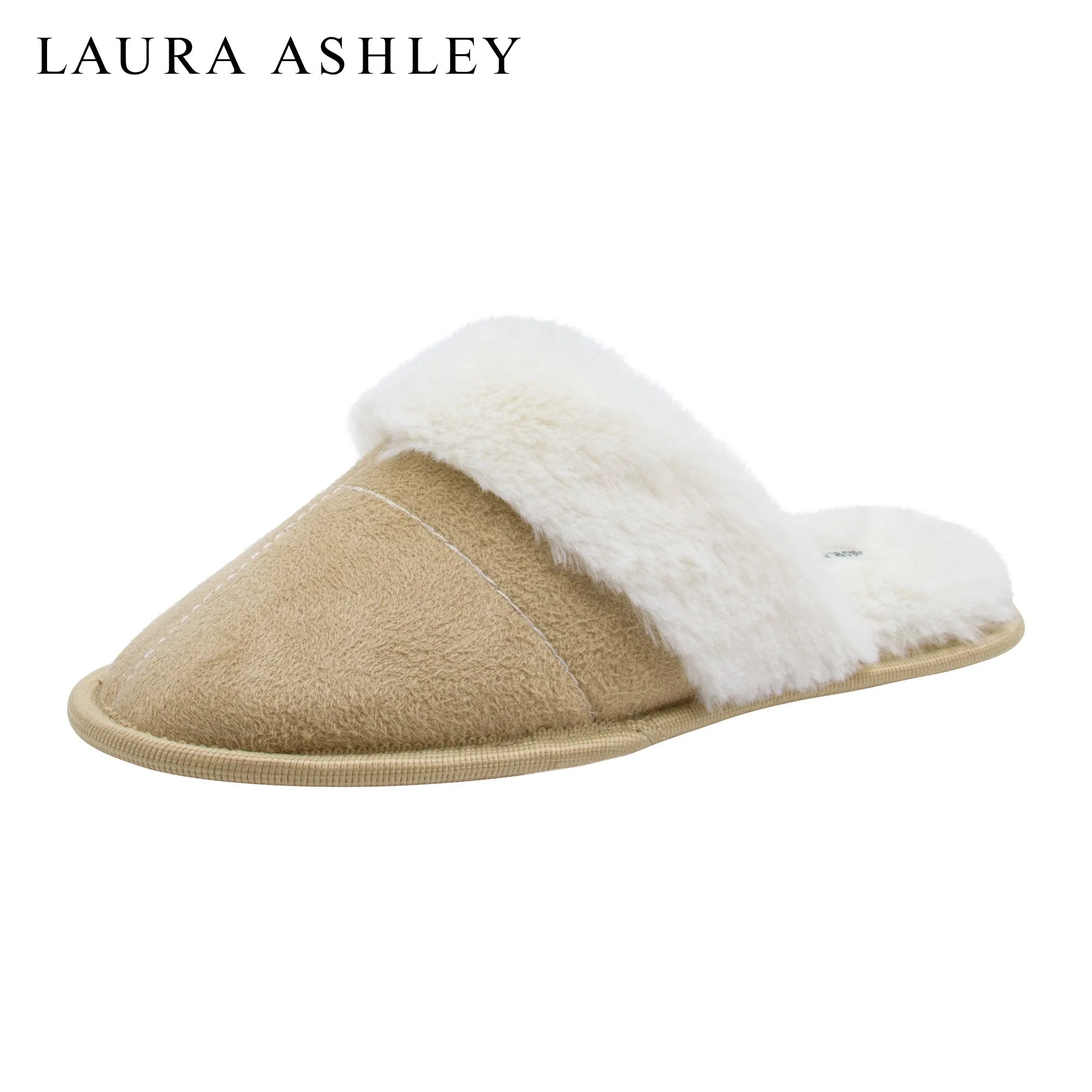 Laura Ashley Ladies Micro Suede Scuff Slipper with Plush Collar, Tan, S