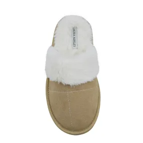 Laura Ashley Ladies Micro Suede Scuff Slipper with Plush Collar, Tan, S