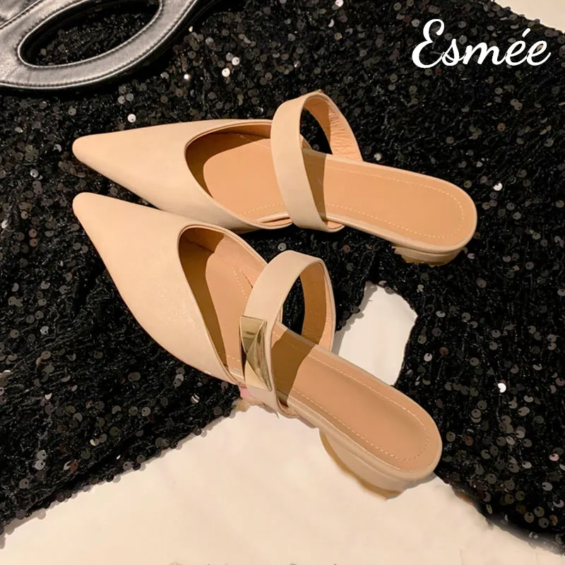 Leather Pointed Toe Mules with Metal Buckle Design