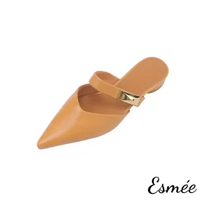 Leather Pointed Toe Mules with Metal Buckle Design