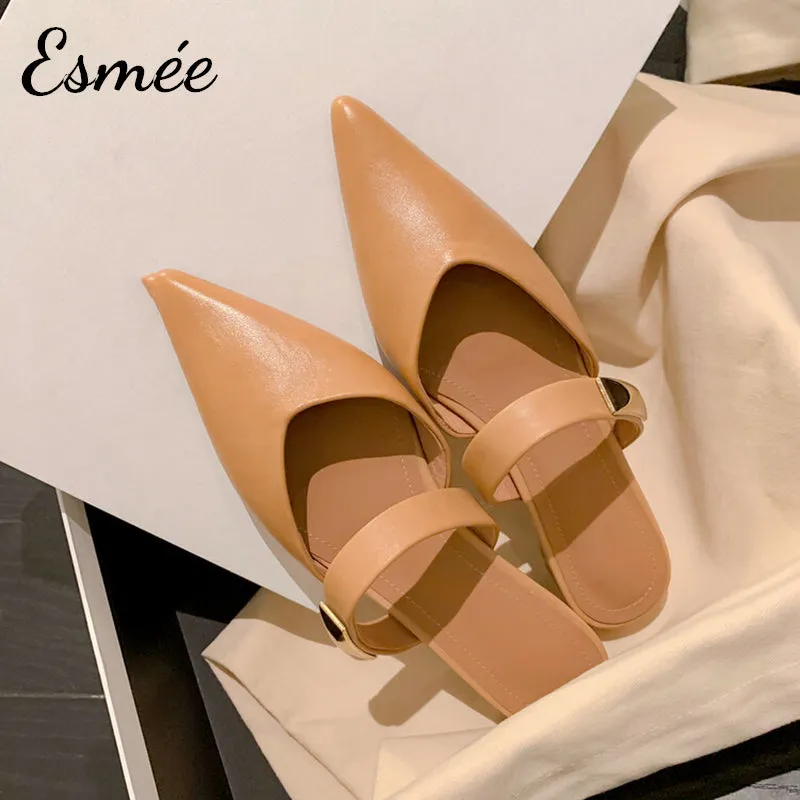 Leather Pointed Toe Mules with Metal Buckle Design
