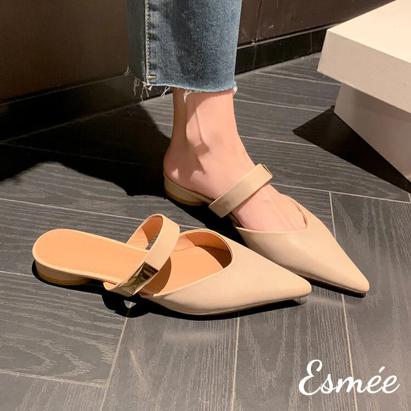 Leather Pointed Toe Mules with Metal Buckle Design