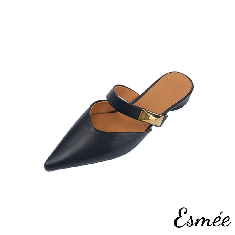 Leather Pointed Toe Mules with Metal Buckle Design