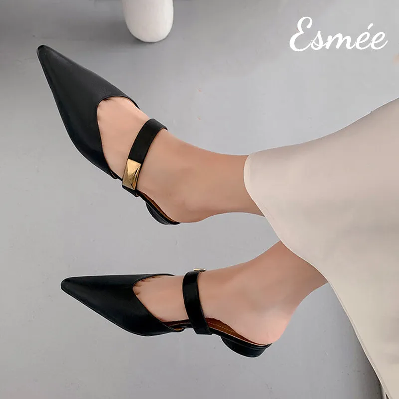 Leather Pointed Toe Mules with Metal Buckle Design