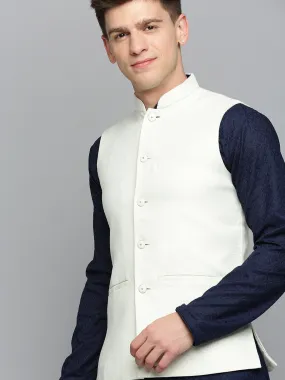 Men Mandarin Collar Woven Design Cream Nehru Jacket