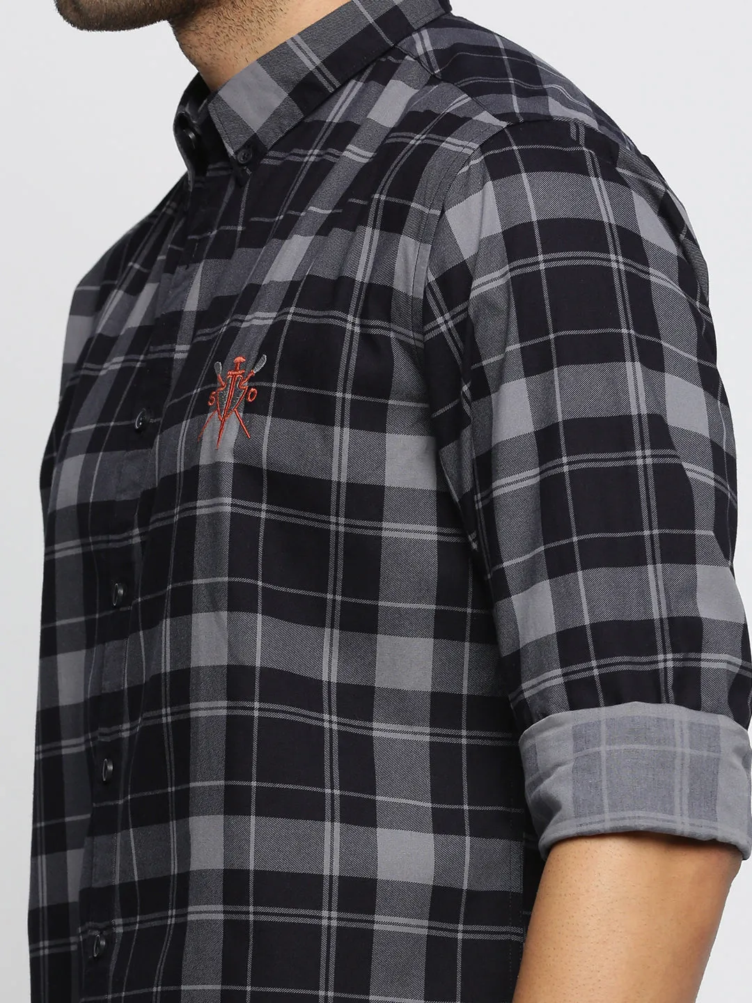 Men Navy Blue Spread Collar Tartan Checks Shirt