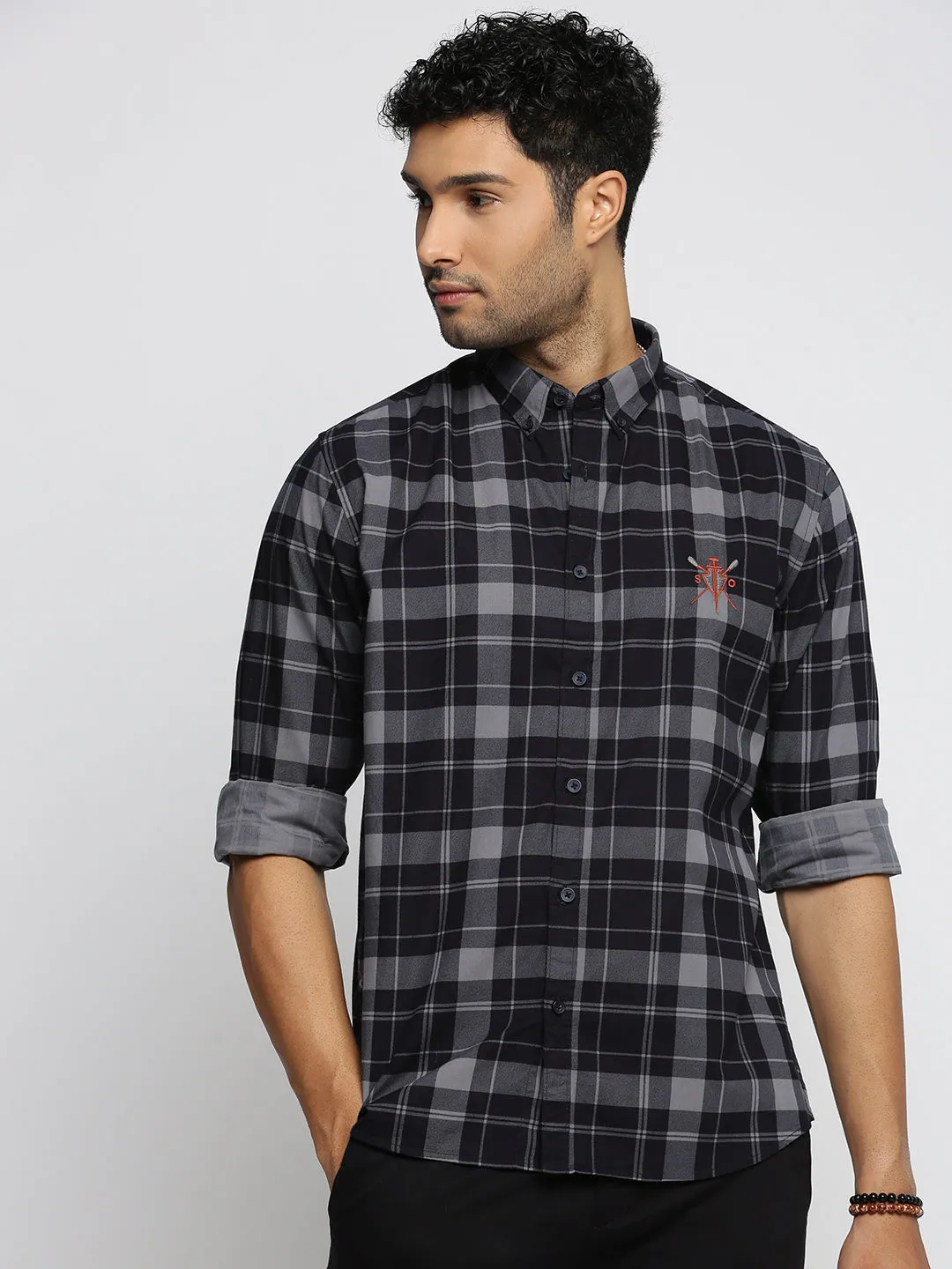Men Navy Blue Spread Collar Tartan Checks Shirt