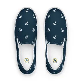 Navy Blue with White Anchors Women’s slip-on canvas shoes, Nautical Print summer shoes