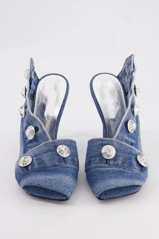 Peep Toe Denim Mules
