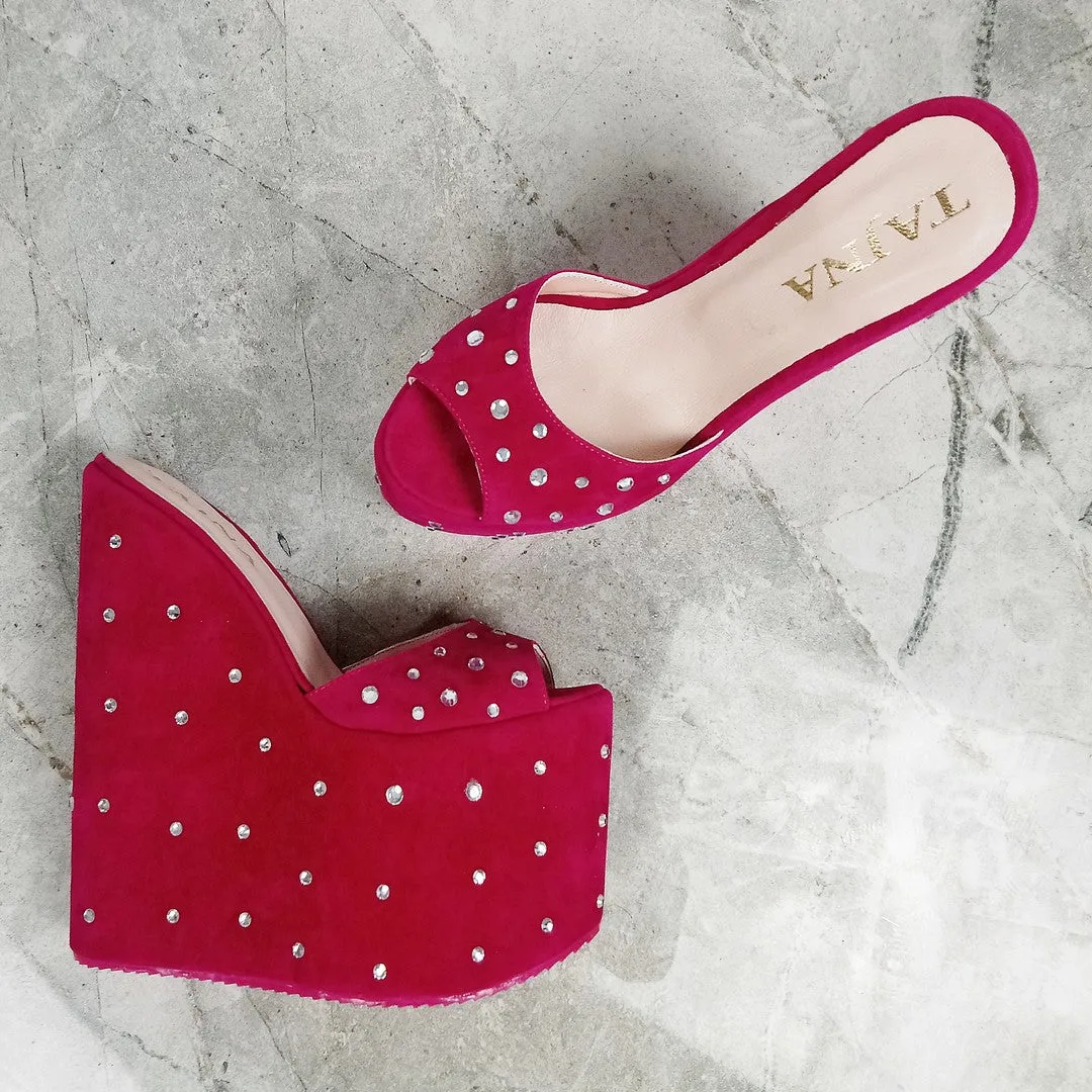 Pink Gemstone Platform Heel Wedge Mules