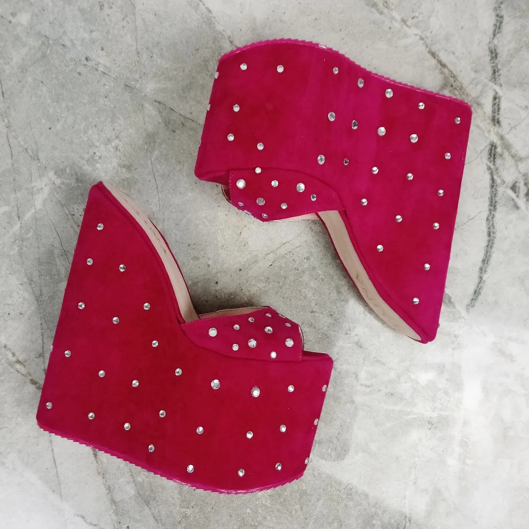 Pink Gemstone Platform Heel Wedge Mules