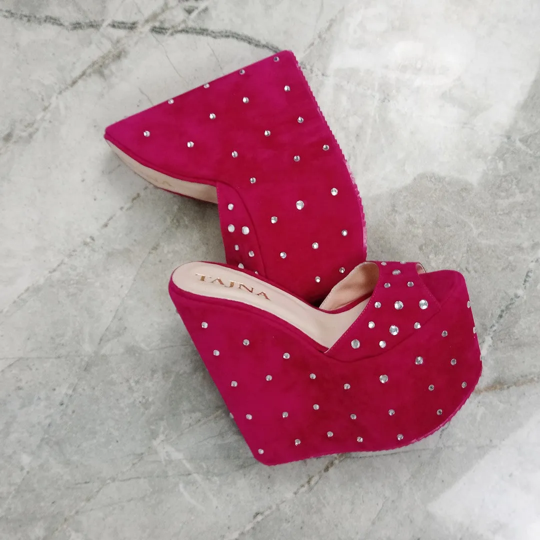 Pink Gemstone Platform Heel Wedge Mules