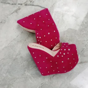 Pink Gemstone Platform Heel Wedge Mules