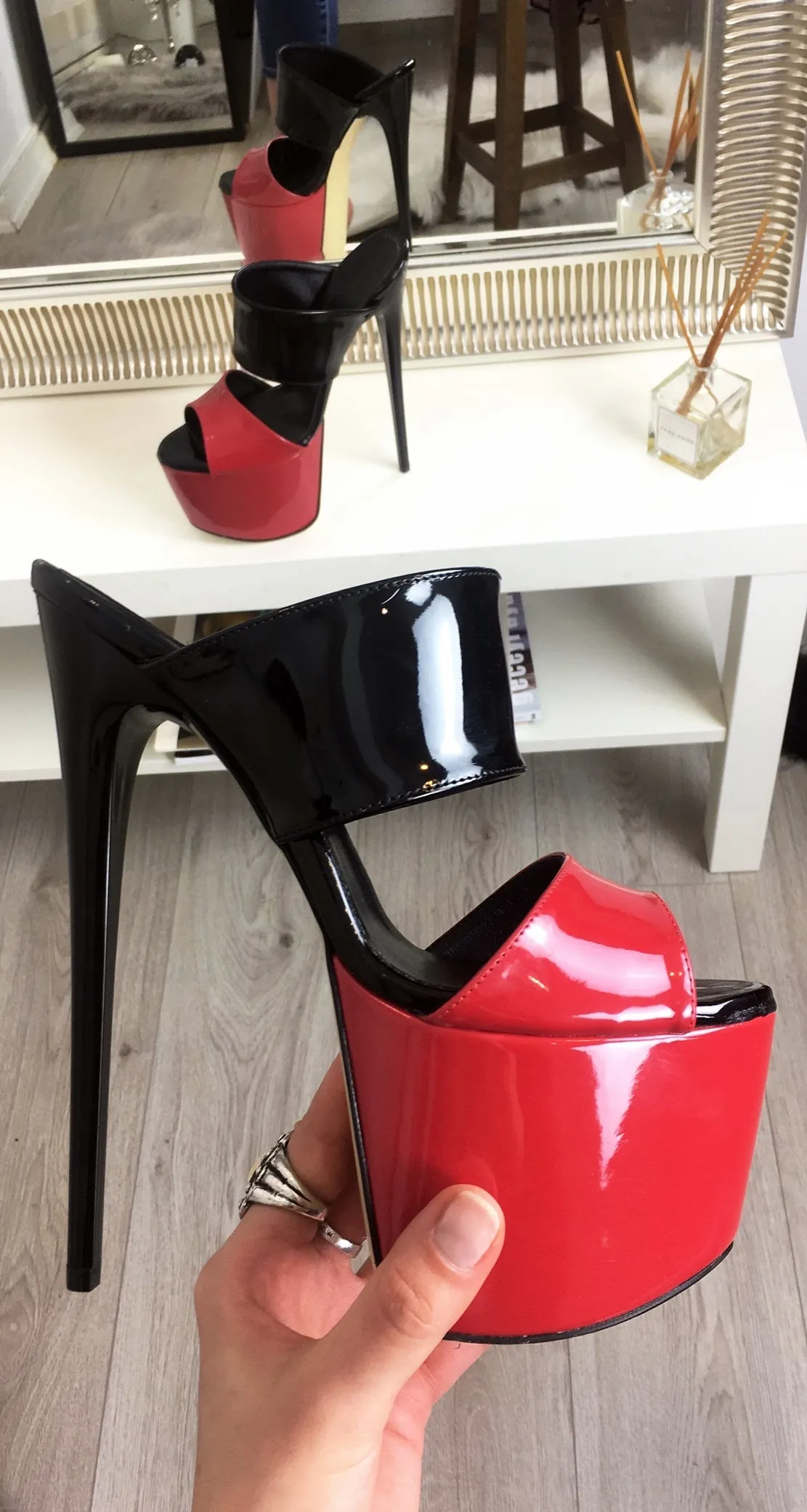 Red Black Platform Heel Mules