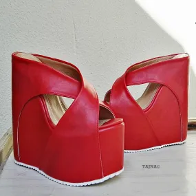 Red Bold Strap High Platform Wedge Mules