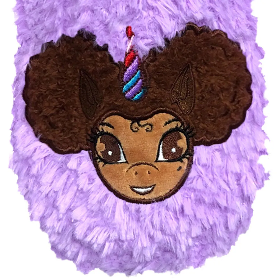 Signature Afro Puff Unicorn Princess Purple Plush Slipper - Light Brown with Brown Hair