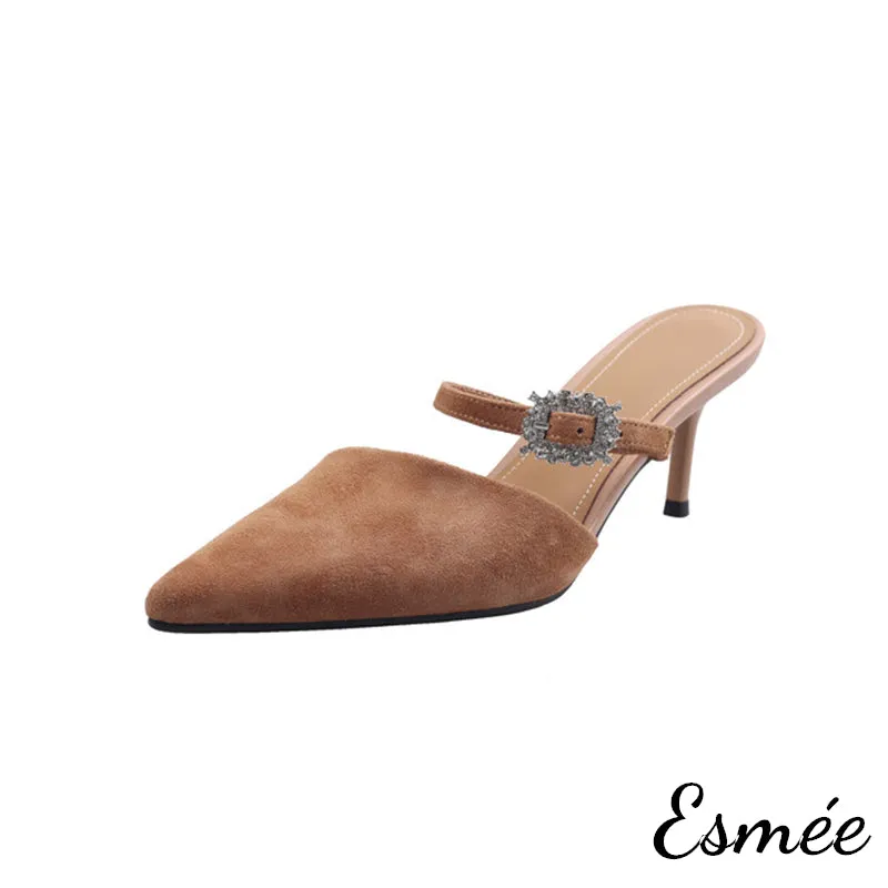 Suede High Heel Mules with Rhinestone Buckle