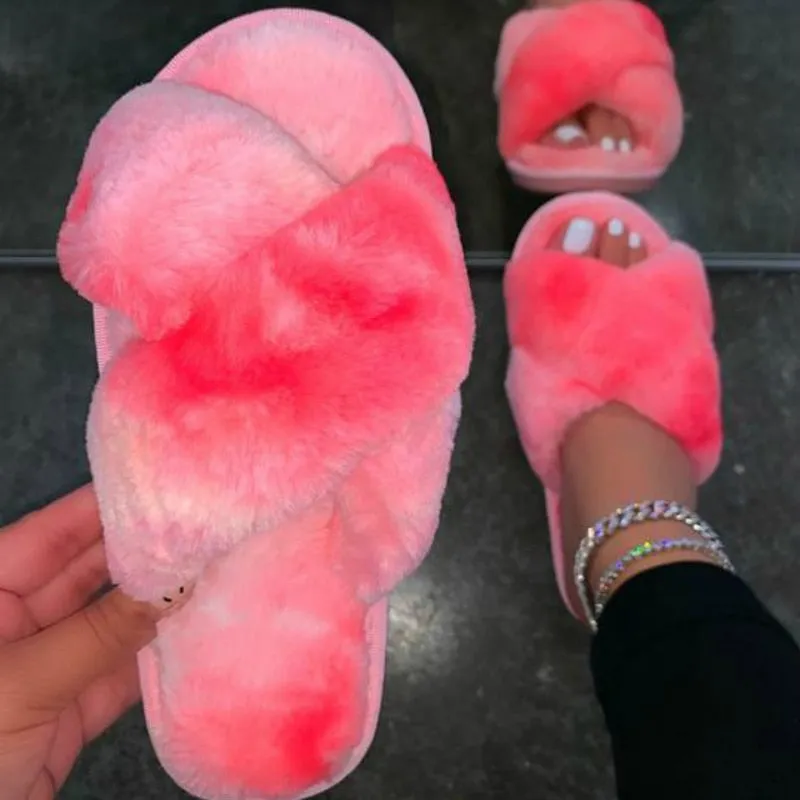 Tie-dye Colored Fluffy Plush Slippers