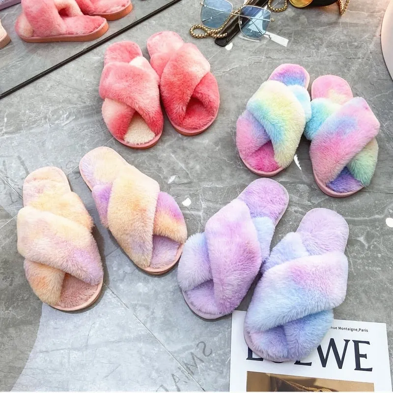 Tie-dye Colored Fluffy Plush Slippers