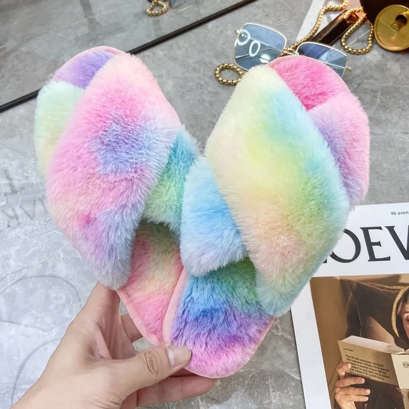 Tie-dye Colored Fluffy Plush Slippers