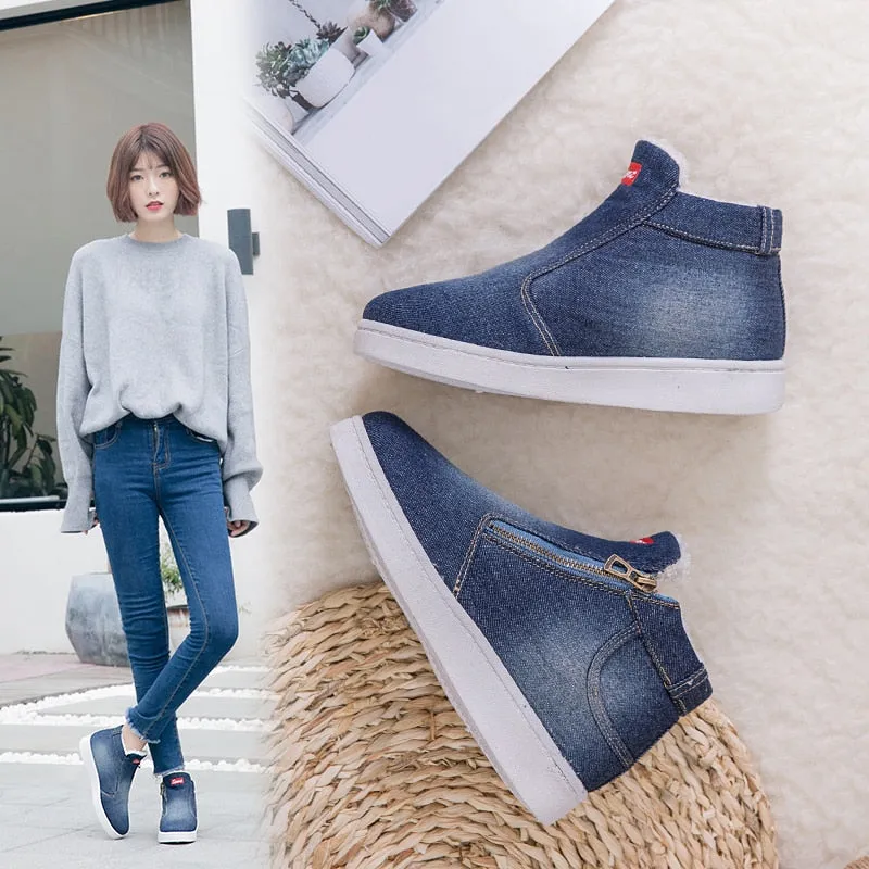 Women Fashion Denim Fleeces Breathable Hollow Lace-Up Sneakers Shoes