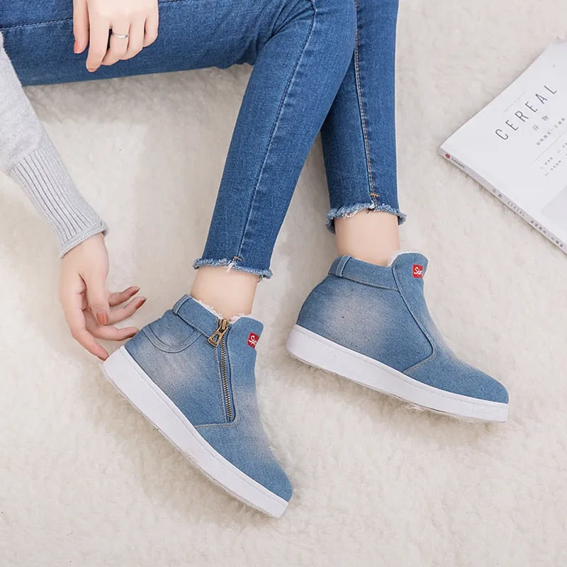 Women Fashion Denim Fleeces Breathable Hollow Lace-Up Sneakers Shoes