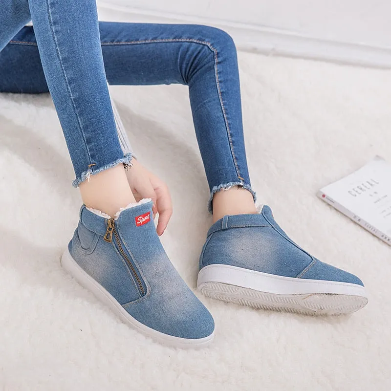 Women Fashion Denim Fleeces Breathable Hollow Lace-Up Sneakers Shoes