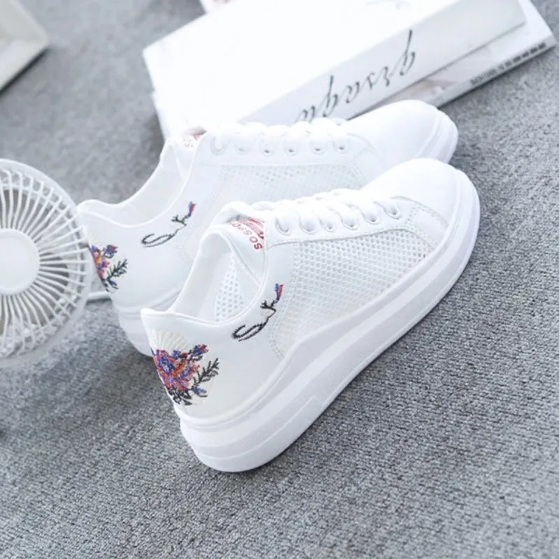 Women Shoes Fashion Embroidered Breathable Hollow Lace-Up Sneakers